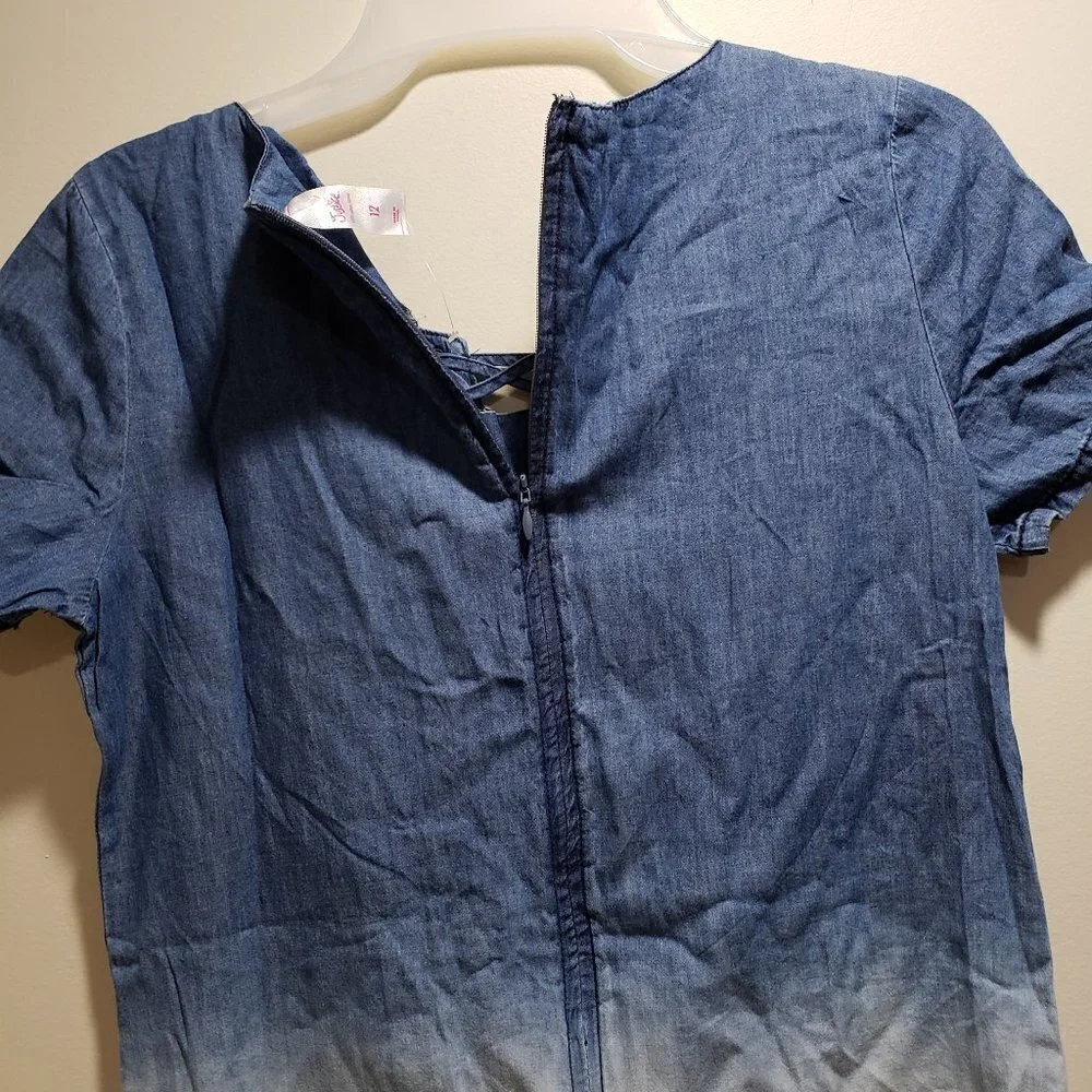 Justice Girls Ombré Chambray Lace-Up Dress – Size 12 – Short Sleeve Denim Look